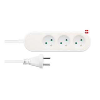 Danish power outlet Nordic Quality with 3 unearthed sockets, PVC cable (2x1.5 mm²) 3m, white / 322171