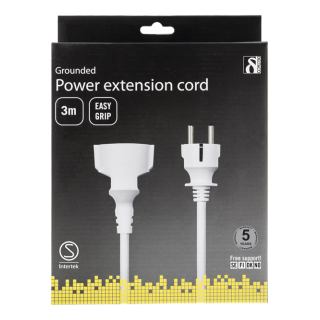 DELTACO grounded extension cable, 1xCEE 7/7, 1xCEE 7/4 (Schuko), grip-friendly , 3m , white DEL-119B