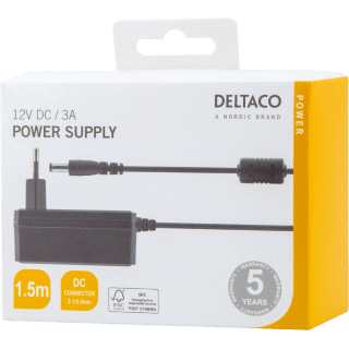 AC adapter DELTACO 100-240 V AC 50/60 Hz till 12 V DC, 3 A, 1.5 m, black / PS12-30B