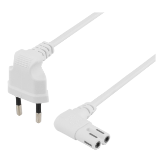 Ungrounded device cable DELTACO for connection between device and wall outlet, 3m, angled CEE 7/16 to angled IEC 60320 C7, Max 250V 2.5A, white / DEL-109BU