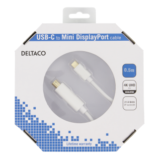 Cable DELTACO USB-C - MiniDP, 0,5 m, 21,6 Gbit / s, 3840x2160 60Hz, white / USBC-DP053-K