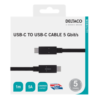 Cable DELTACO USB-C - USB-C, 5Gbit/s, 5A, 1M, black / USBC-1501M