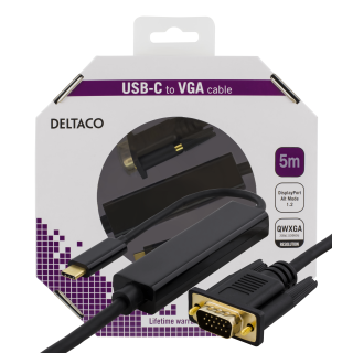 Kabelis DELTACO USB-C - VGA, QWXGA 2048x1152 60Hz, 5m, DP 1.2 Alt Mode, juodas / USBC-1089-K