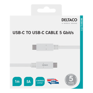 DELTACO USB-C - USB-C cable, 5Gbit/s, 5A, 1M, white /   USBC-1502M