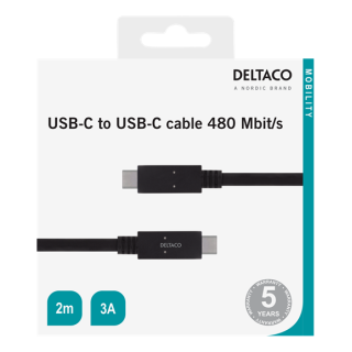 DELTACO USB 2.0 USB-C to USB-C cable, 2m, USB-IF certified, 480 Mbit / s, black USBC-2002M