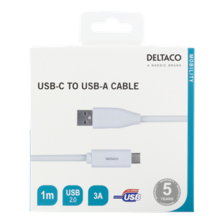 USB-C to USB-A cable, 1m, 3A, USB 2.0, white DELTACO / USBC-1009M