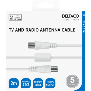 Antenna cable DELTACO 75 Ohm, ferrite cores, gold-plated connectors, 2m, white / AN-102-K / R00150002