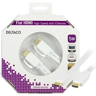 DELTACO flat HDMI cable, 4K, UltraHD in 30Hz, 5m, gold plated connectors, 19-pin ha-ha, white / HDMI-1050H-K