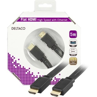 DELTACO flat HDMI cable, 4K, UltraHD in 30Hz, 5m, gold plated connectors, 19 pin ha-ha, black / HDMI-1050F-K