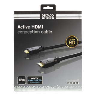 DELTACO PRIME Active HDMI Cable, 15m, Type-A, 4K, Spectra, Gold Plated, Black / HDMI-3150