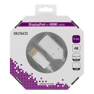 DELTACO DisplayPort to HDMI 2.0b cable, 4K at 60Hz, 0.5m, white / DP-HDMI35-K