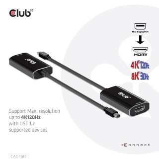 CLUB 3D CAC-1186 Mini DisplayPort 1.4 to HDMI 4K120Hz with DSC1.2 Active Adapter M/F