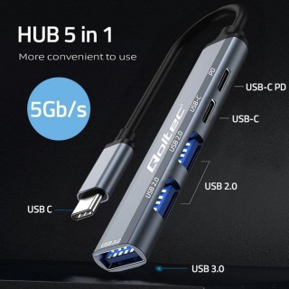 Qoltec 53790 Hub Adapter USB-C 3.1 5in1 | USB-C PD| USB-C | 2x USB 2.0 | USB 3.0