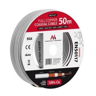 Maclean Coaxial Cable, Satellite Antenna Cable, RG6 1.02CU+4.8FPE+CU/P+32*0.12CU+6.8PVC, 50M, MCTV-471