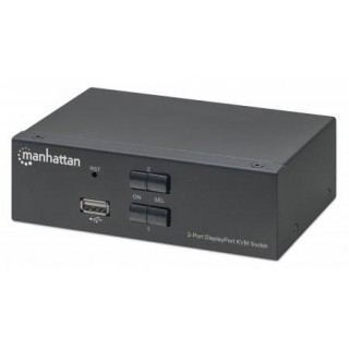 Manhattan DisplayPort 1.2 KVM Switch 2-Port, 4K@60Hz, USB-A/3.5mm Audio/Mic Connections, Cables included, Audio Support, Control 2x computers from one pc/mouse/screen, USB Powered, Black, Three Year Warranty, Boxed
