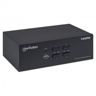 Manhattan HDMI KVM Switch 4-Port, 4K@30Hz, USB-A/3.5mm Audio/Mic Connections, Cables included, Audio Support, Control 4x computers from one pc/mouse/screen, USB Powered, Black, Three Year Warranty, Boxed