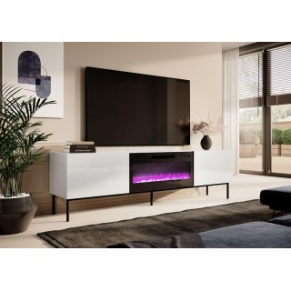 RTV SLIDE 200K cabinet with an electric fireplace on a black frame 200x40x57 cm all in white gloss