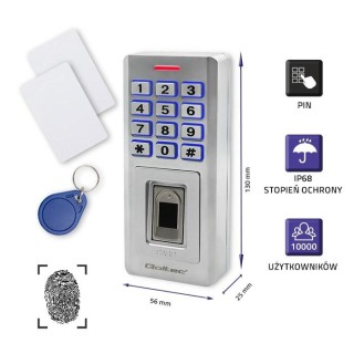 Qoltec 52447 Code lock OBERON with fingerprint reader | RFID | Code | Card | key fob | Doorbell | IP68 | EM