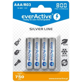 R03/AAA akumulatori 1.2V everActive Silver line Ni-MH 800 mAh iepakojumā 4 gb.