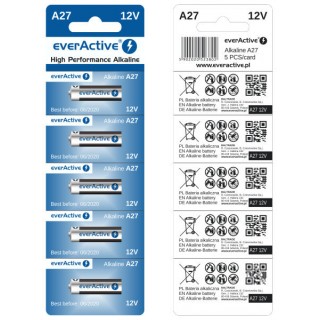 BAT27.eA5; 27A baterijas 12V everActive Alkaline MN27/L828  iepakojumā 5 gb.