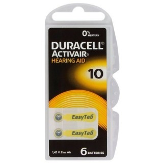 Size 10, Hearing Aid Battery, 1.45V Duracell ActivAir PR70 in a package of 6 pcs.