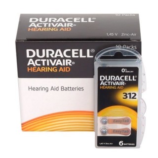 Size 312, Hearing Aid Battery, 1.45V Duracell Zn-Air PR41 in a package of 6 pcs.