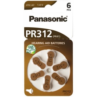 Size 312, Hearing Aid Battery, Panasonic Zn-Air PR41 in a package of 6 pcs.