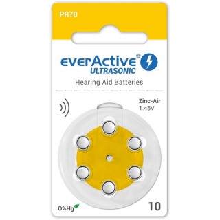 Size 10, Hearing Aid Battery, 1.45V everActive Zn-Air PR70 in a package of 6 pcs.