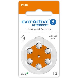 Size 13, Hearing Aid Battery, 1.45V everActive Zn-Air PR48 in a package of 6 pcs.