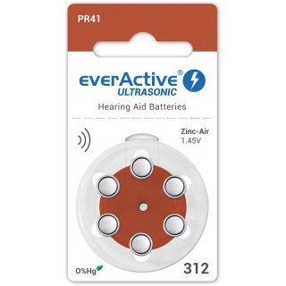 Size 312, Hearing Aid Battery, 1.45V everActive Zn-Air PR41 in a package of 6 pcs.