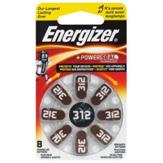 Size 312 batteries 1.45V Energizer Zn-Air PR41 in a package of 8 pcs.