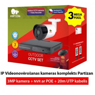 Profesionāls IP Videonovērošanas kameru komplekts : 3MPix kamera + NVR ar POE + 20m UTP kabelis