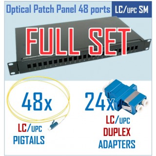 Optical switching panel set with cassette | 19" | for 48 ports | LC/UPC adapters | LC/UPC pigtails