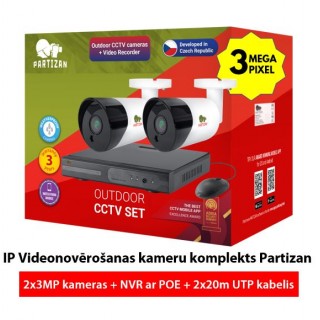 IP-videovalvontakamerasarja Partizan: 3MPix-kamera + NVR POE:llä + 20m UTP-kaapeli