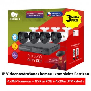 IP vaizdo stebėjimo kameros rinkinys „Partizan“: 3MPix kamera + NVR su POE + 20m UTP kabelis