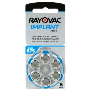 Size 675, Hearing Aid Battery, 1.45V Rayovac Implant Pro Zn-Air PR44 in a package of 6 pcs.