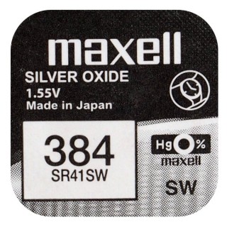 384 baterijas 1.55V Maxell sudraba-oksīda SR41SW iepakojumā 1 gb.