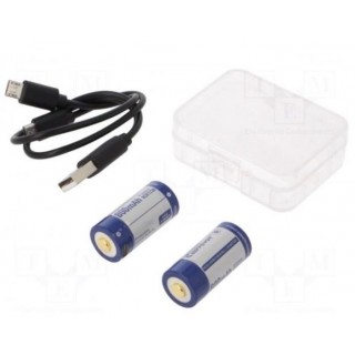 Akumulators: Li-Ion | 16340 | 3,6 V | 800 mAh | Ø16,7x36mm | Komplekts: USB kabelis