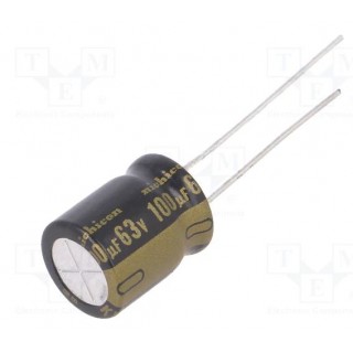 Kondensators: elektrolītiskais | THT | 100uF | 63VDC | Ø10x12,5mm | Solis: 5 mm