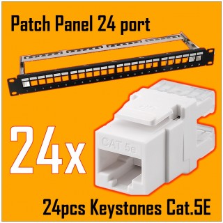 Komutācijas panelis CAT5E UTP 19" 24 porti (Patch panel), 1U komplektā ar 24gab. Keystone