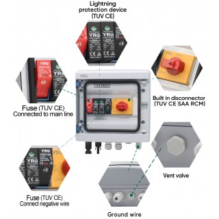 Solar battery disconnect control panel | 1-IN 1-OUT | 1000V DC fuses | Lightning protection