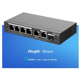 6-Port Gigabit Smart POE Switch: 4 PoE ports, 1 RJ45, 1 SFP, 54W PoE, desktop, steel case.