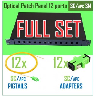 Optical switching panel set with cassette | 19" | for 12 ports | SC/APC adapters | SC/APC pigtails