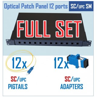 Optical switching panel set with cassette | 19" | for 12 ports | SC/UPC adapters | SC/UPC pigtails