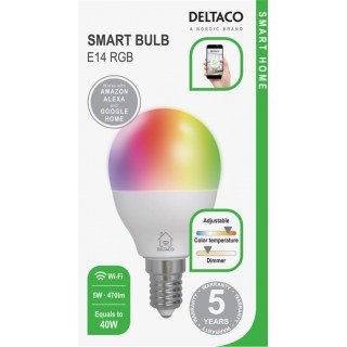 DELTACO LED Spuldze, E14, WIFI 2.4GHZ, 5W, 470LM, Dimmējama, RGB, 2700K-6500K, 220-240V