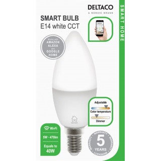DELTACO LED lemputė, E14, WIFI 2.4GHZ, 5W, 470LM, reguliuojamas, 2700K-6500K, 220-240V