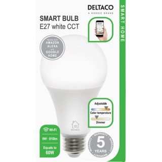 DELTACO LED lemputė, E27, WIFI 2.4GHZ, 9W, 810LM, reguliuojamas, 2700K-6500K, 220-240V