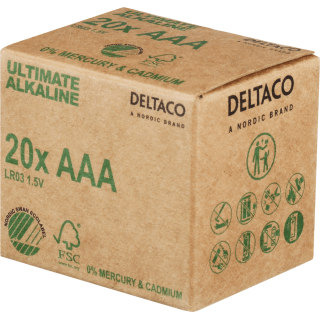 AAA LR03 paristo 1.5V Deltaco Ultimate Alkaline 20 kpl pakkauksessa.