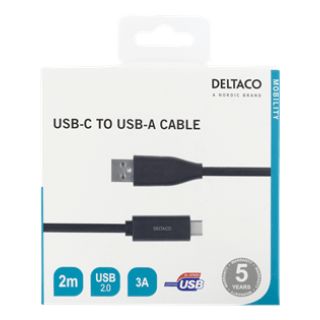 USB-C uz USB-A kabelis, 2m, 3A, USB 2.0, melns DELTACO / USBC-1006M