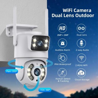 Dual Lens Wi-Fi Outdoor Camera | 2MP | Audio Alarm | PTZ | IP 66 | Two Ways Audio | App - Tuya